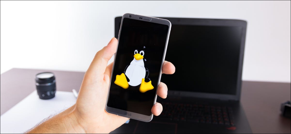 Un teléfono inteligente con el logotipo de Linux Tux frente a una computadora portátil.