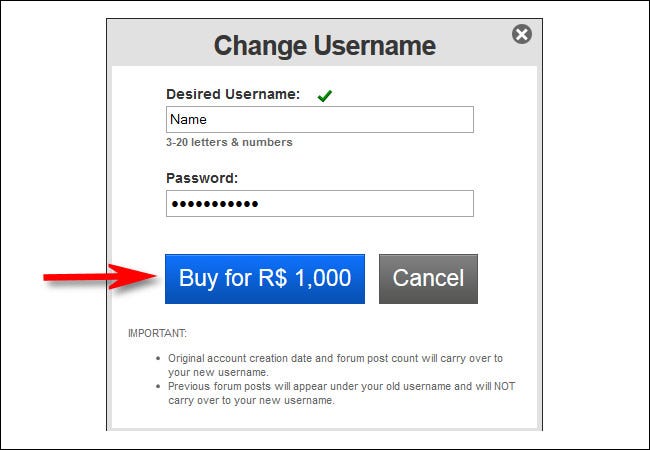 Haga clic en "Comprar" para comprar su cambio de nombre de usuario en Roblox.