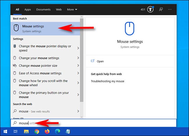 Haga clic en el menú Inicio y escriba "Mouse", luego seleccione "Configuración del mouse".