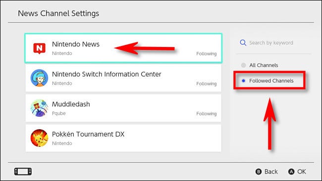 En la configuración del canal de noticias de Nintendo Switch, selecciona "Canales seguidos".  Luego, toca el canal de noticias que te gustaría dejar de seguir.
