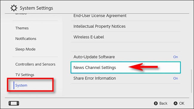 En la configuración de la consola Nintendo Switch, selecciona "Sistema" y luego "Configuración del canal de noticias".