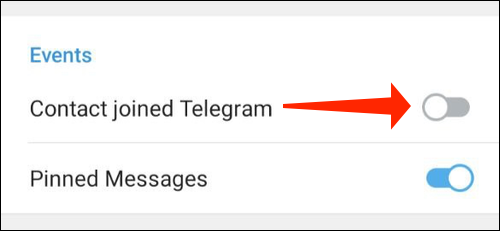 Toca el interruptor junto a Contacto se unió a Telegram