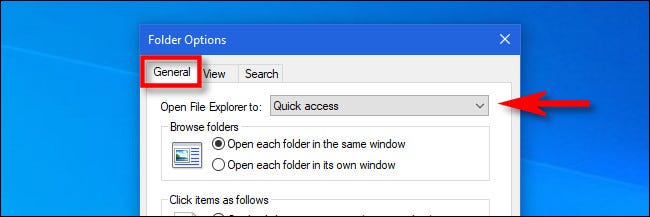 Haga clic en "General", luego haga clic en el menú "Abrir Explorador de archivos a".