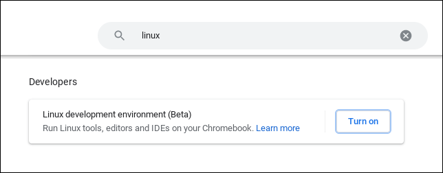 Página de configuración de ChromeOS con "Linux" en la barra de búsqueda