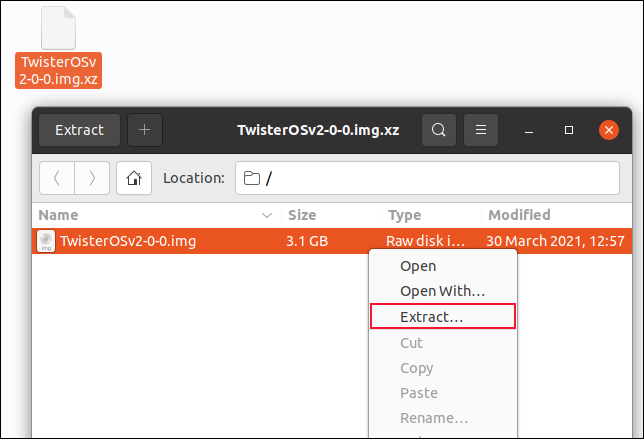 Archive Manager con el archivo de almacenamiento Twister OS abierto