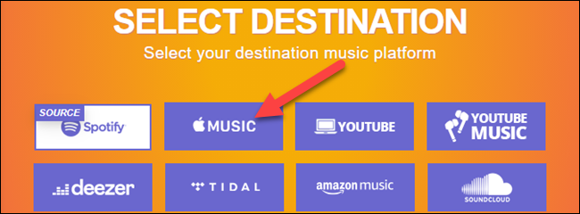 seleccione Apple Music como plataforma de destino
