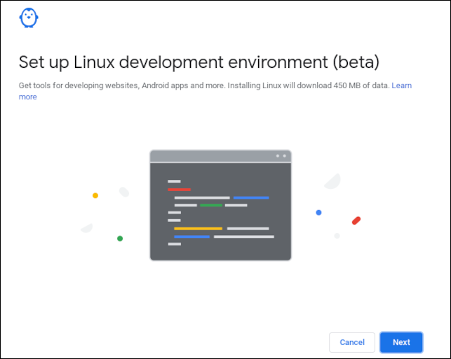 Cuadro de diálogo de confirmación para la instalación de ChromeOS Linux