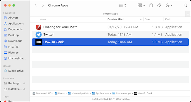 La carpeta de aplicaciones de Chrome en Mac que muestra todas las aplicaciones web instaladas.