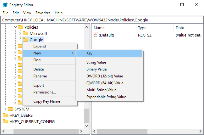 Cree una nueva subclave de Chrome en el Editor del registro