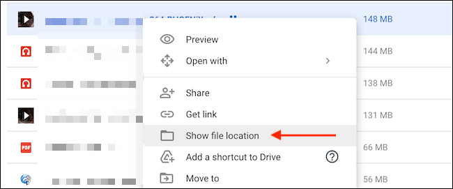 Para encontrar la ubicación de un archivo, haga clic en "Mostrar ubicación de archivo" en el menú contextual.
