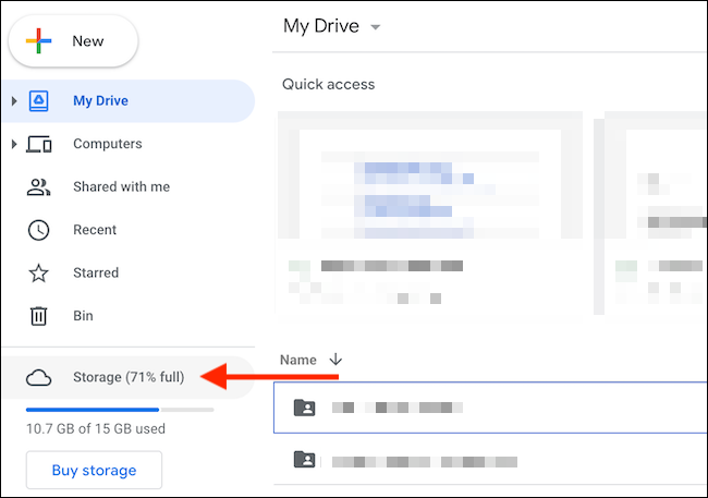 En la barra lateral de Google Drive, elija la opción "Almacenamiento".