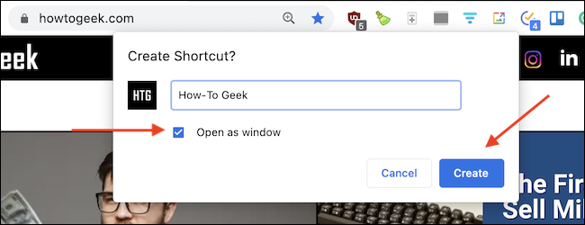 Habilite la opción "Abrir como viuda" para el acceso directo y haga clic en "Crear".