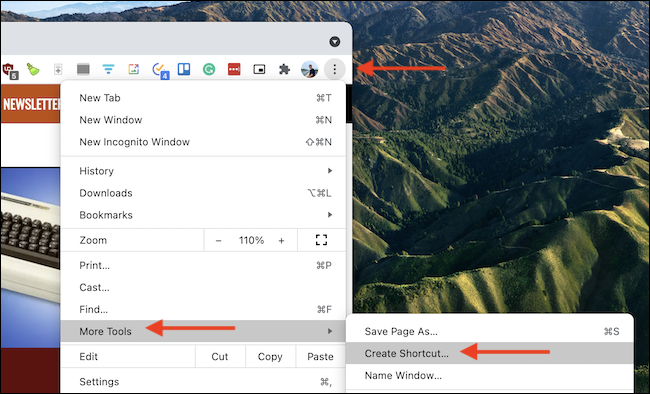 En la barra de herramientas de Chrome, seleccione Menú> Más herramientas> Crear acceso directo.