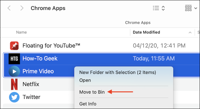 Haga clic con el botón derecho en una aplicación y elija "Mover a la papelera" para eliminar la aplicación de Chrome.
