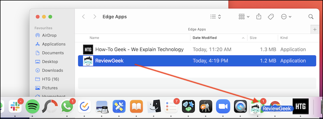 Arrastre la aplicación desde la carpeta Edge Apps al Dock. 