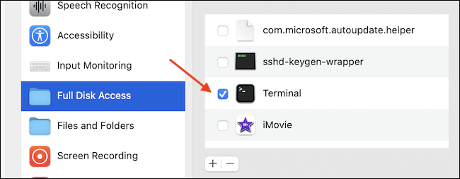 Habilitar el acceso completo al disco para la aplicación Terminal