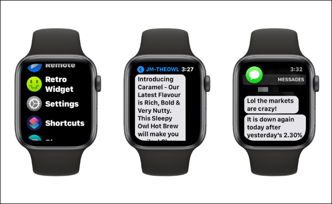 Ejemplos de aumento del tamaño del texto en el Apple Watch