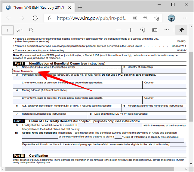 Formulario PDF de cuadros resaltados en Microsoft Edge