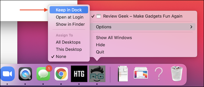 Utilice "Mantener en el Dock" en el menú contextual para agregar la aplicación al Dock. 