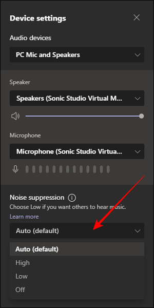 Opción de supresión de ruido en la configuración del dispositivo en Microsoft Teams