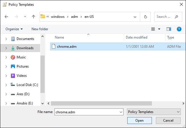 Seleccione el archivo adm de Chrome desde la PC