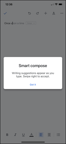 Mensaje habilitado para redacción inteligente en Google Docs en iPhone