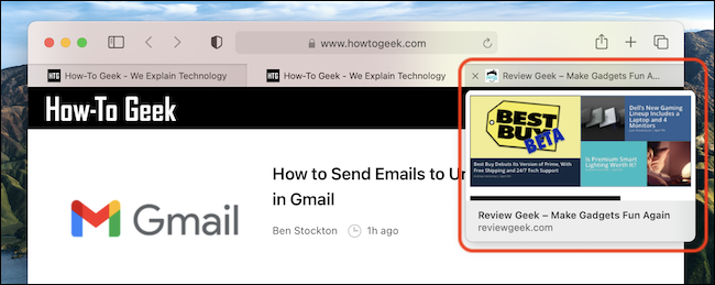 Un ejemplo de vista previa de pestañas en Safari en Mac