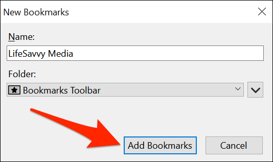 Haz clic en "Agregar marcadores" en la ventana "Nuevos marcadores" de Firefox.