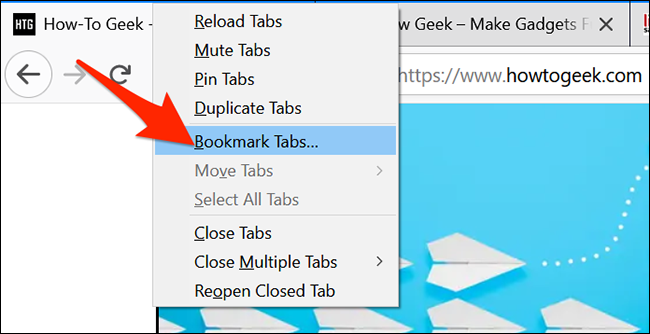 Haz clic derecho en una pestaña abierta y selecciona "Marcadores de pestañas" en Firefox.