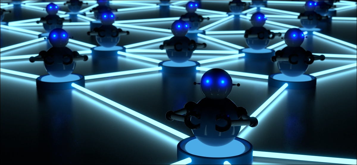 Una red de pequeños robots azules que representan una botnet.