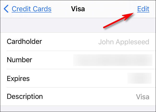 En la pantalla de detalles de la tarjeta de crédito, toque "Editar" para cambiar los detalles.