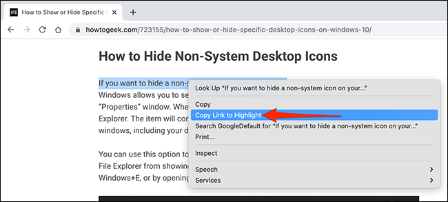 Seleccione "Copiar enlace para resaltar" en el menú contextual de Chrome.