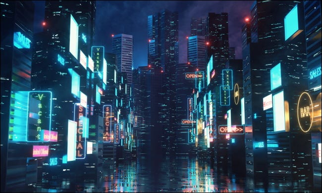 Una calle urbana de estilo cyberpunk con luces de neón.