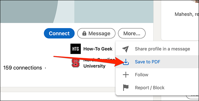 Haga clic en "Guardar en PDF" en la página de perfil de un miembro de LinkedIn para descargar su perfil.