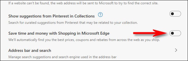 Apague el interruptor junto a "Ahorre tiempo y dinero con Compras en Microsoft Edge".