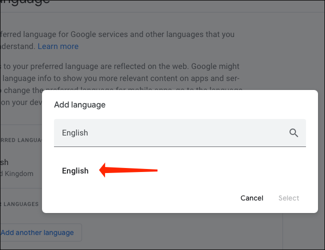 Seleccione inglés como idioma preferido para su cuenta de Google