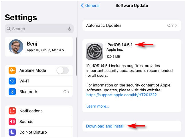 Si hay una actualización de iPadOS disponible, verá un botón "Descargar e instalar" o "Instalar ahora".