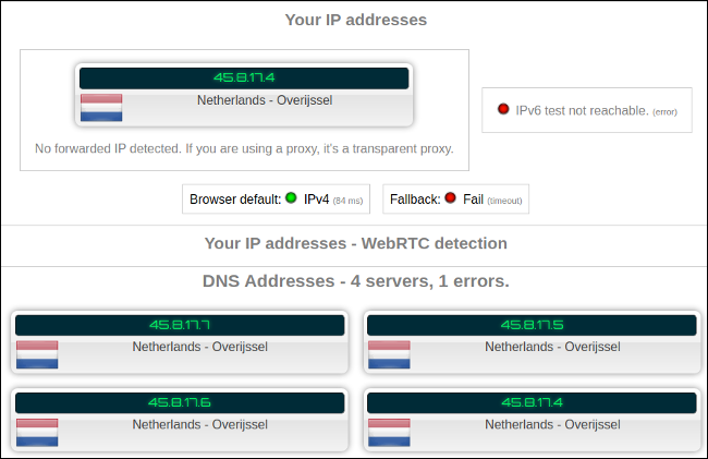 Conéctese y vuelva a cargar la página de ipleak.net y la prueba se ejecutará de nuevo automáticamente.