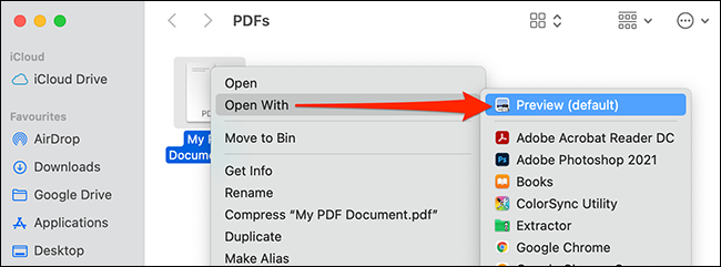 Haga clic con el botón derecho en un PDF y seleccione Abrir con> Vista previa.