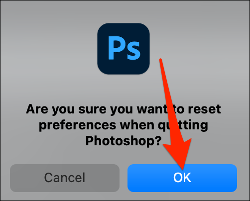Seleccione Aceptar en el mensaje de reinicio en Photoshop