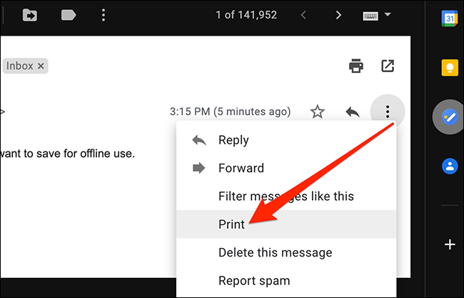Opción de impresión en el menú Más de Gmail en Mac