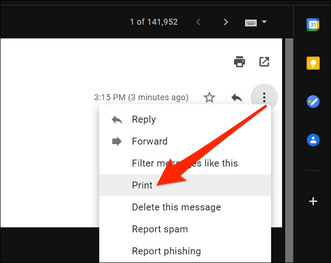 Opción de impresión en el menú Más de Gmail en Windows