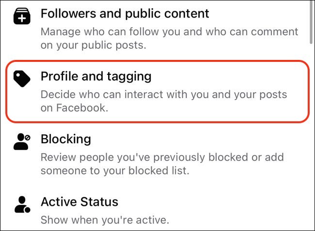 Acceda a la configuración de etiquetado y perfil de Facebook en el móvil