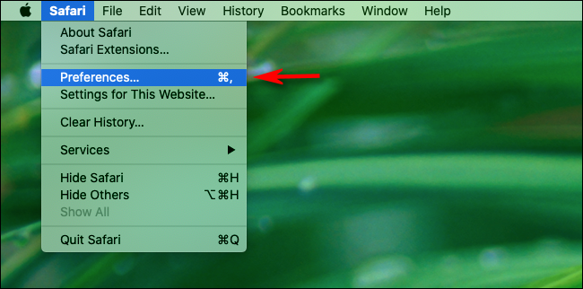 Haga clic en Preferencias en el menú Safari en Mac