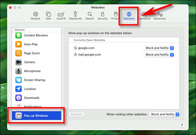 En Preferencias de Safari en Mac, haga clic en "Sitios web" y seleccione "Ventanas emergentes" en la barra lateral.