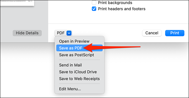 Elija Guardar como PDF en el cuadro de diálogo de impresión de Safari