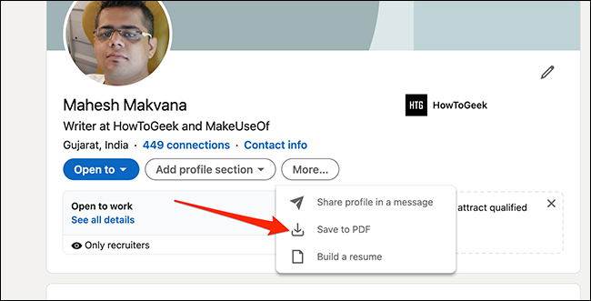 Seleccione "Guardar en PDF" en una página de perfil de LinkedIn.