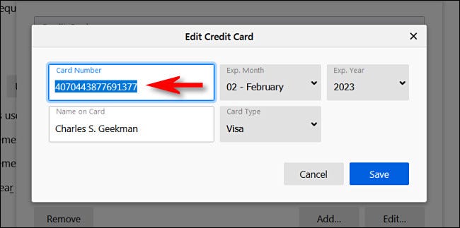En la ventana "Editar tarjeta de crédito", verá el número completo de la tarjeta de crédito.