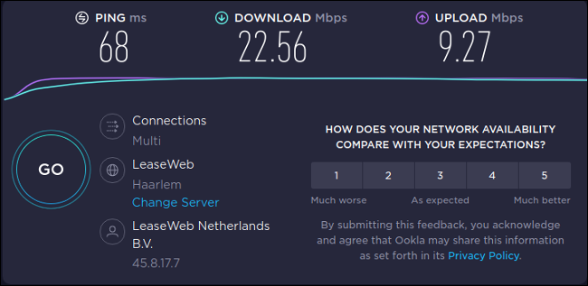 prueba de velocidad con VPN a Amsterdam