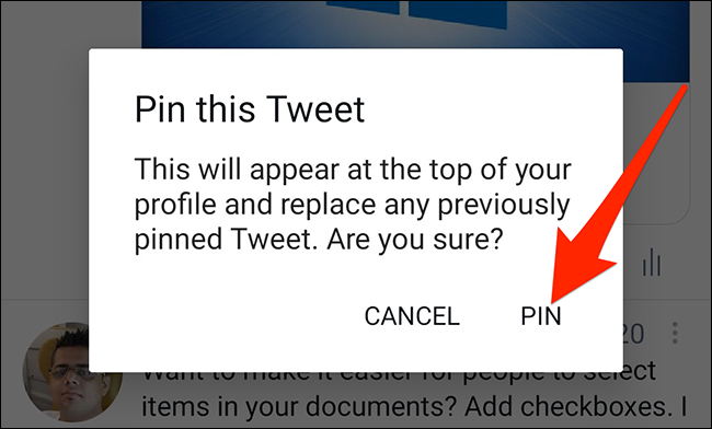 Seleccione "PIN" en el mensaje de tweets anclados de Twitter.